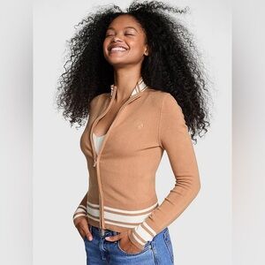 VS PINK | Varsity Knit Full-Zip Sweater in Toffee Size M/L